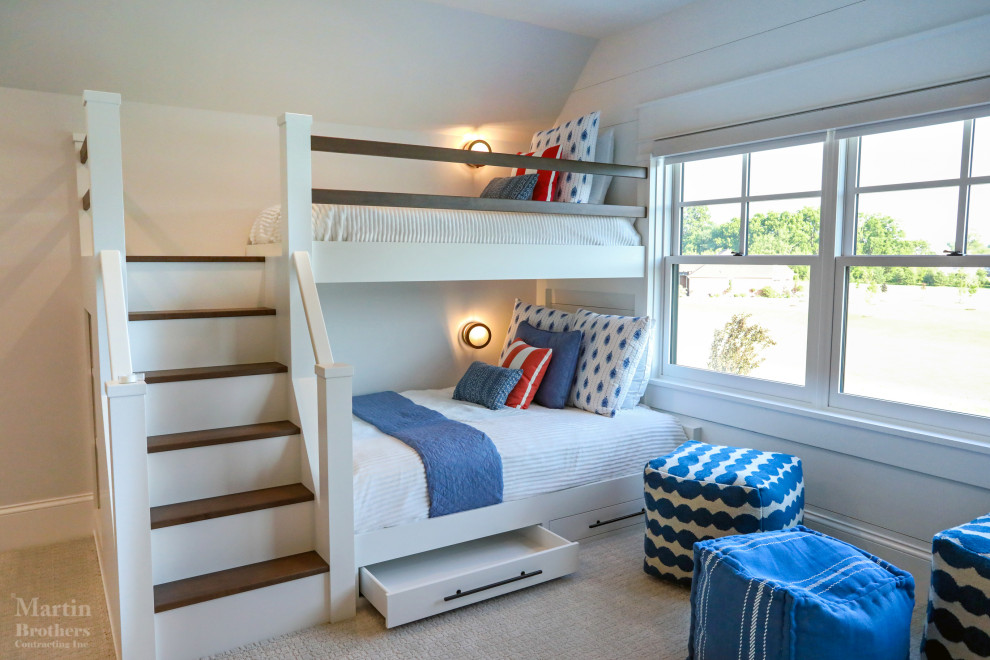 This is an example of an expansive farmhouse gender neutral kids' bedroom in Other with white walls, carpet and white floors.