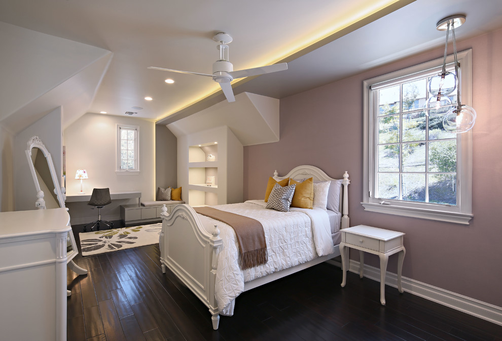 Kids' room - large contemporary girl dark wood floor and brown floor kids' room idea in Los Angeles with purple walls