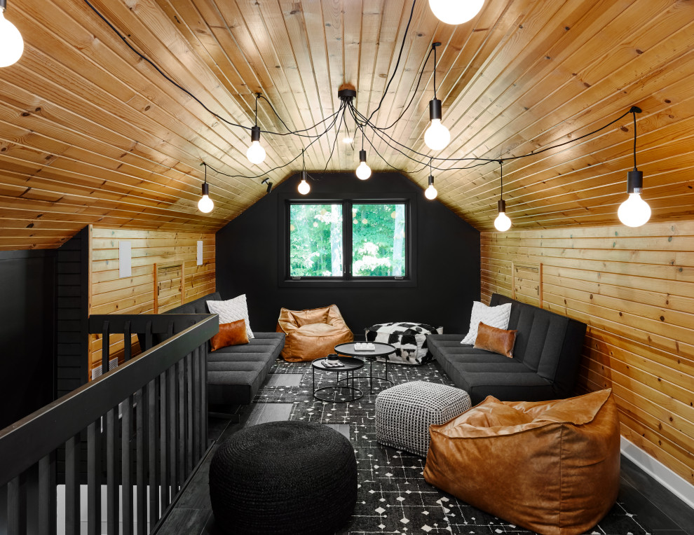 Esempio di una cameretta per bambini rustica con soffitto a volta, soffitto in legno e pareti in legno