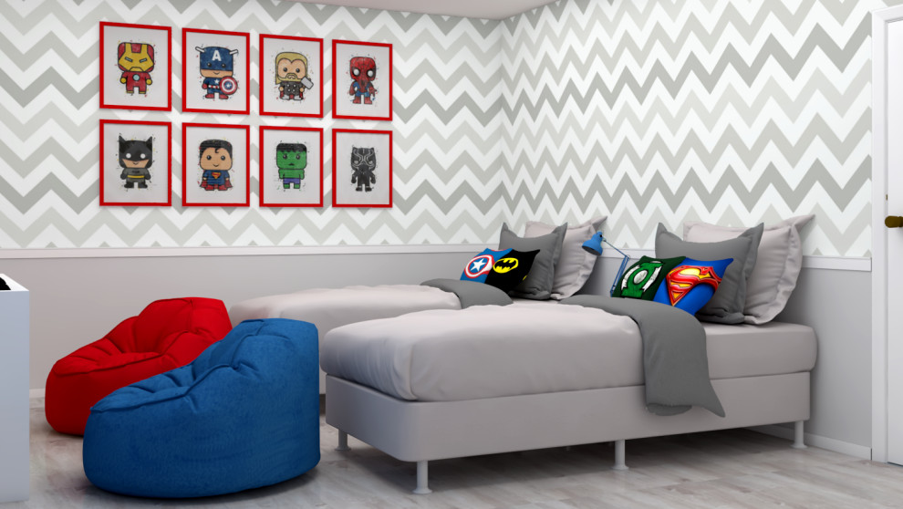 Idéer för att renovera ett litet funkis pojkrum kombinerat med sovrum och för 4-10-åringar, med grå väggar, vinylgolv och grått golv