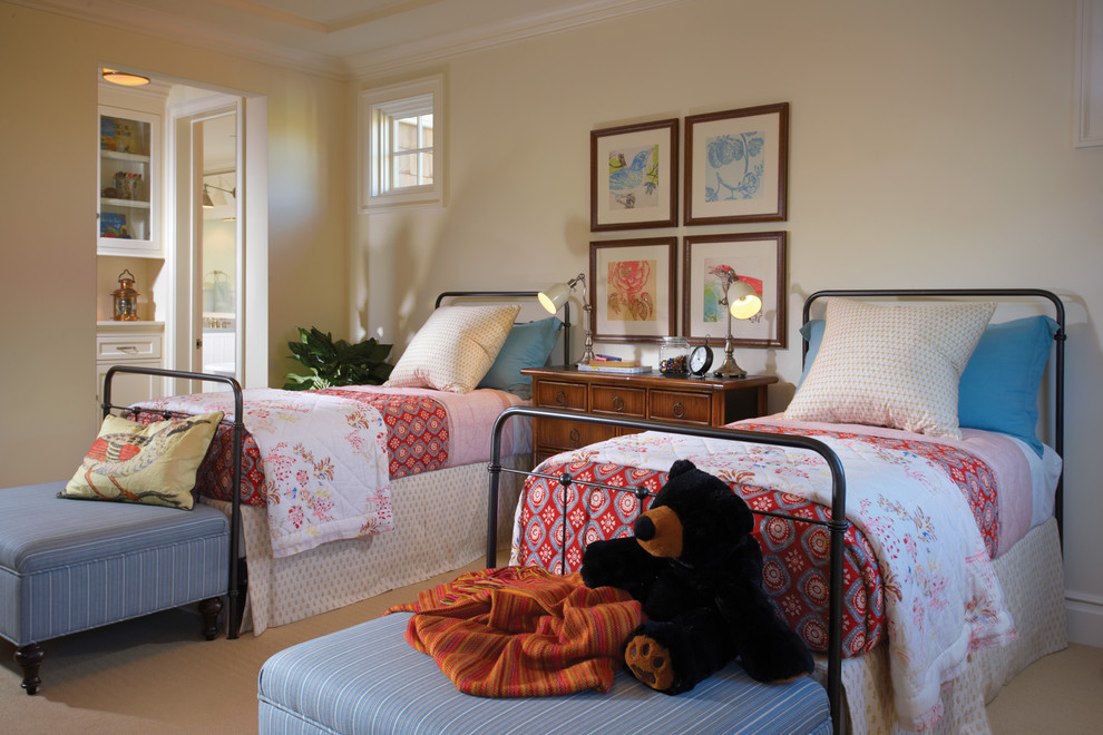Inspiration for a classic children’s room for girls in Orange County with beige walls and carpet.