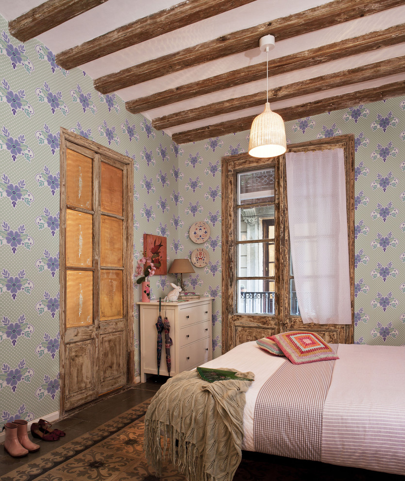 Kids' room - mid-sized shabby-chic style ceramic tile kids' room idea in Barcelona with multicolored walls