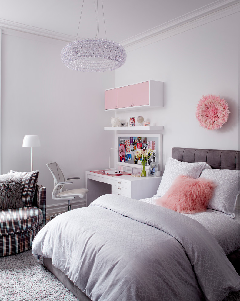 Inspiration for a transitional girl carpeted and gray floor kids' room remodel in Other with white walls
