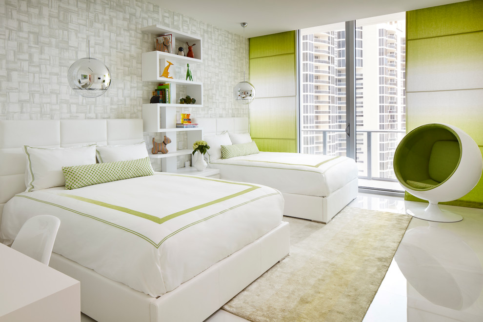 Large contemporary gender neutral teen’s room in Miami with grey walls and white floors.