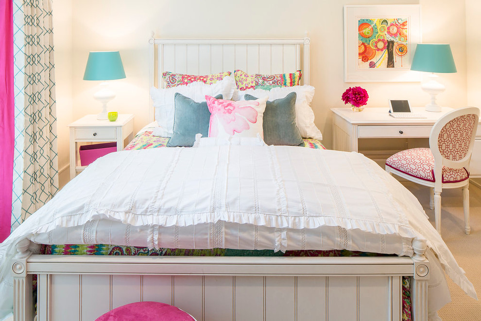 Example of a mid-sized minimalist girl carpeted kids' room design in Phoenix with white walls