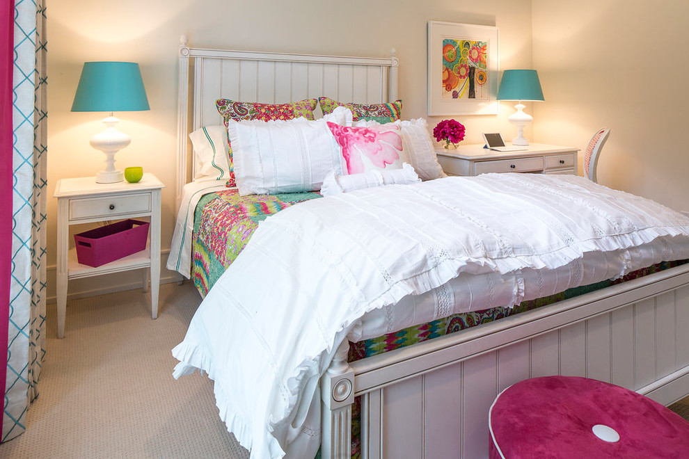 This is an example of a medium sized modern teen’s room for girls in Phoenix with white walls and carpet.