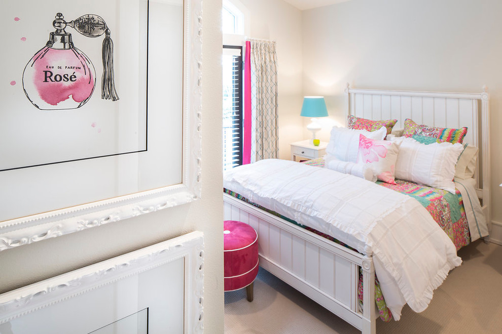 This is an example of a medium sized modern teen’s room for girls in Phoenix with white walls and carpet.