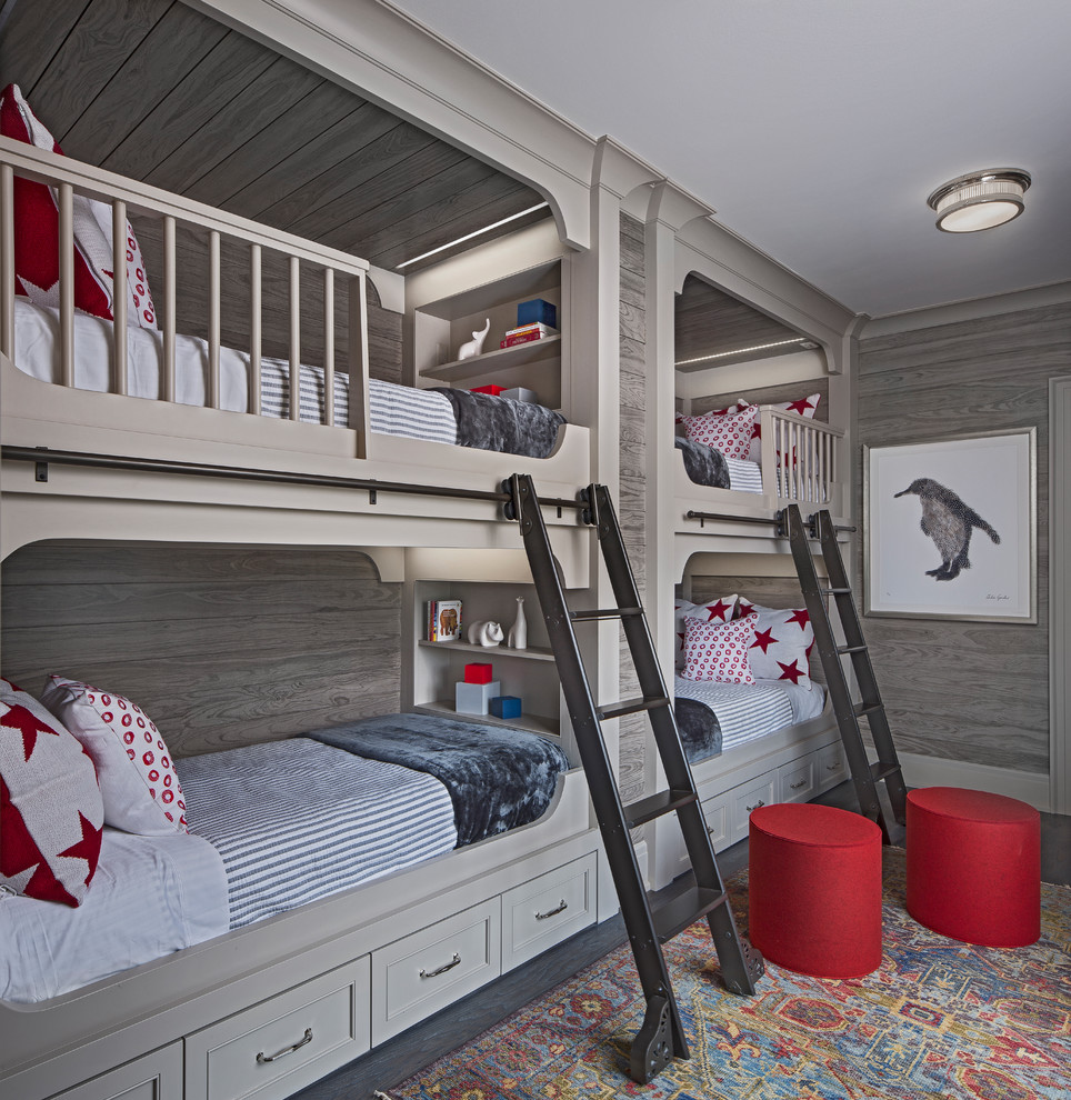 Idéer för ett medelhavsstil könsneutralt barnrum kombinerat med sovrum och för 4-10-åringar, med grå väggar