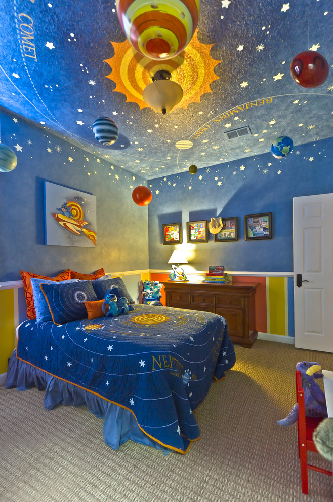 Design ideas for a contemporary children’s room for boys in Orlando with blue walls, carpet and a dado rail.