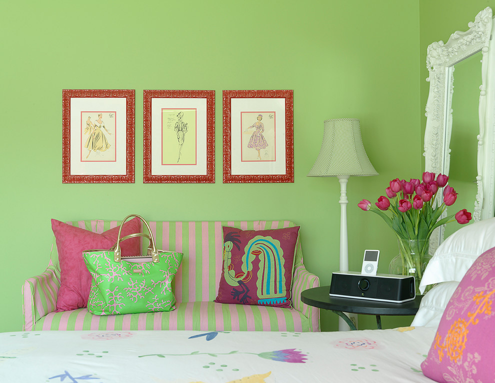 Mid-sized elegant girl carpeted kids' room photo in Other with green walls