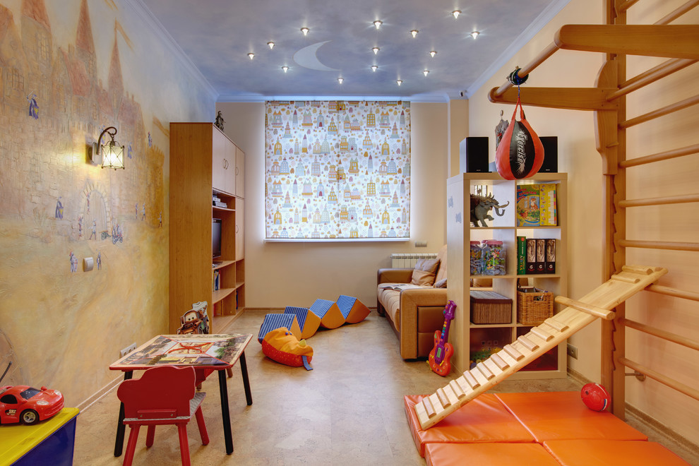 Aménagement d'une chambre d'enfant de 4 à 10 ans contemporaine avec un mur multicolore.