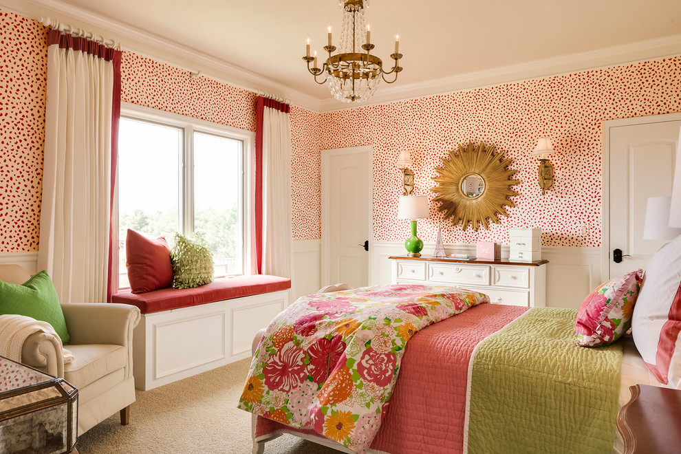 Mid-sized transitional girl carpeted kids' bedroom photo in Kansas City with multicolored walls