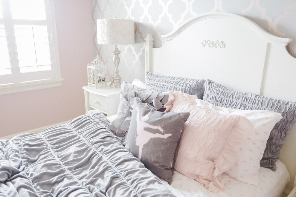 Photo of a large romantic children’s room for girls in Nashville with multi-coloured walls, carpet and grey floors.