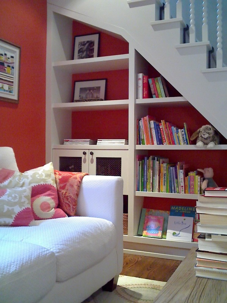 Playroom - contemporary playroom idea in Toronto with red walls