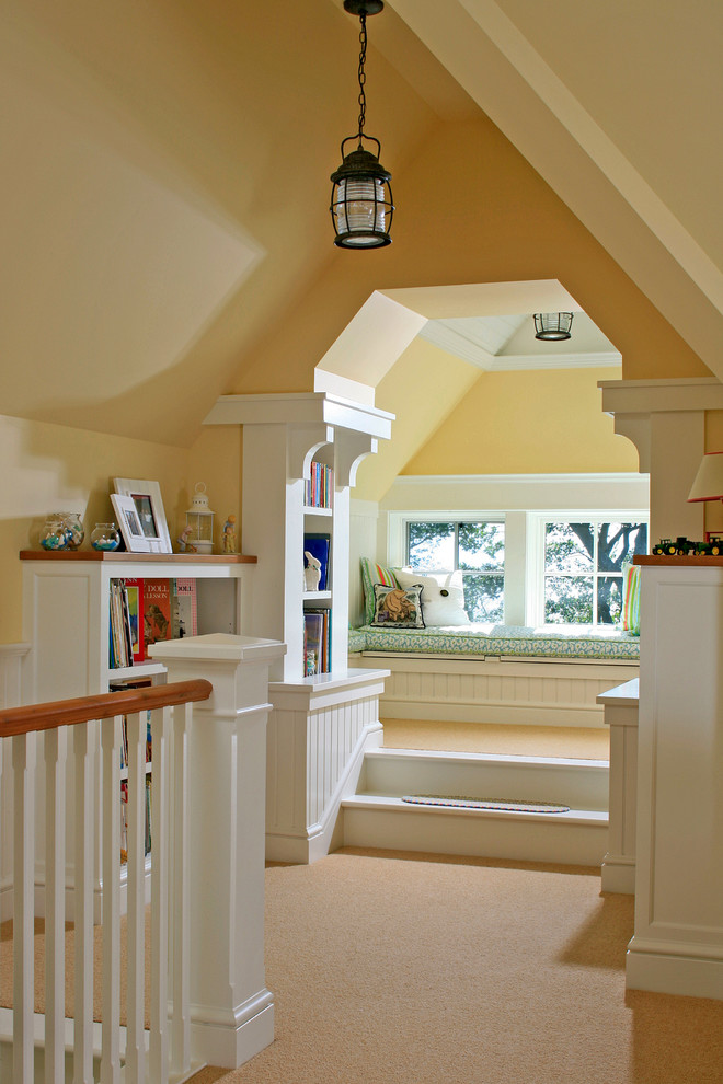 Elegant gender-neutral carpeted kids' room photo in Grand Rapids with yellow walls