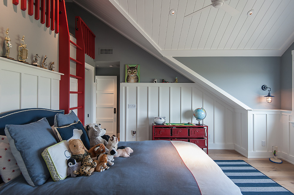 Large transitional gender-neutral medium tone wood floor kids' room photo in Phoenix with gray walls