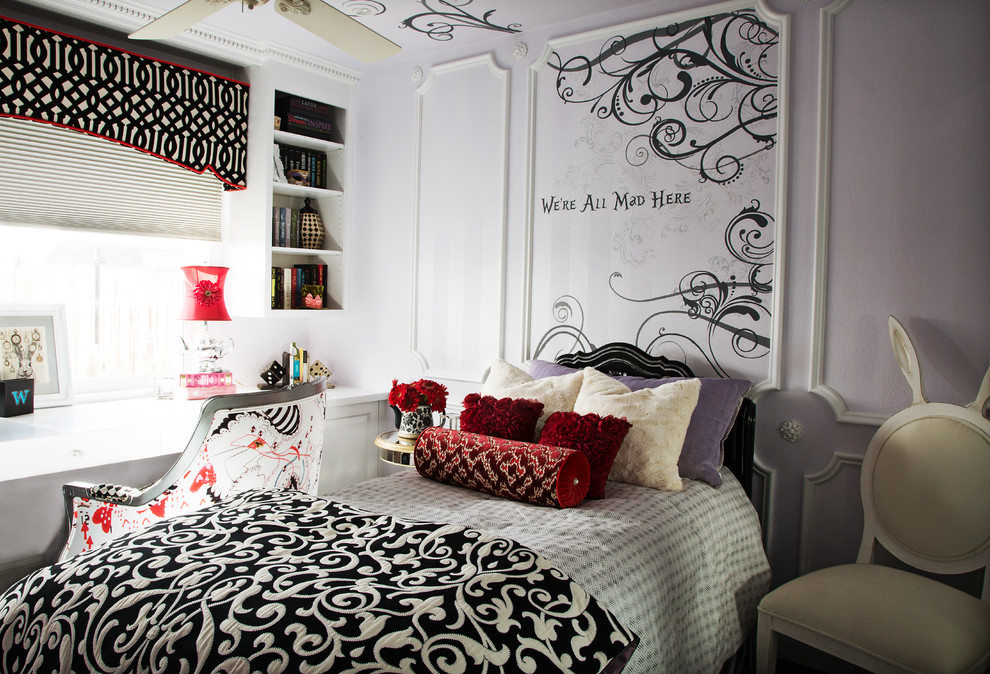 Design ideas for a small eclectic teen’s room for girls in Orange County with purple walls.