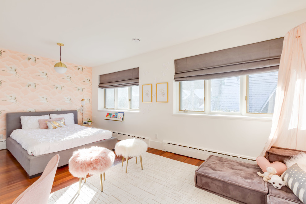 Mid-sized trendy girl medium tone wood floor and brown floor kids' room photo in Montreal with white walls