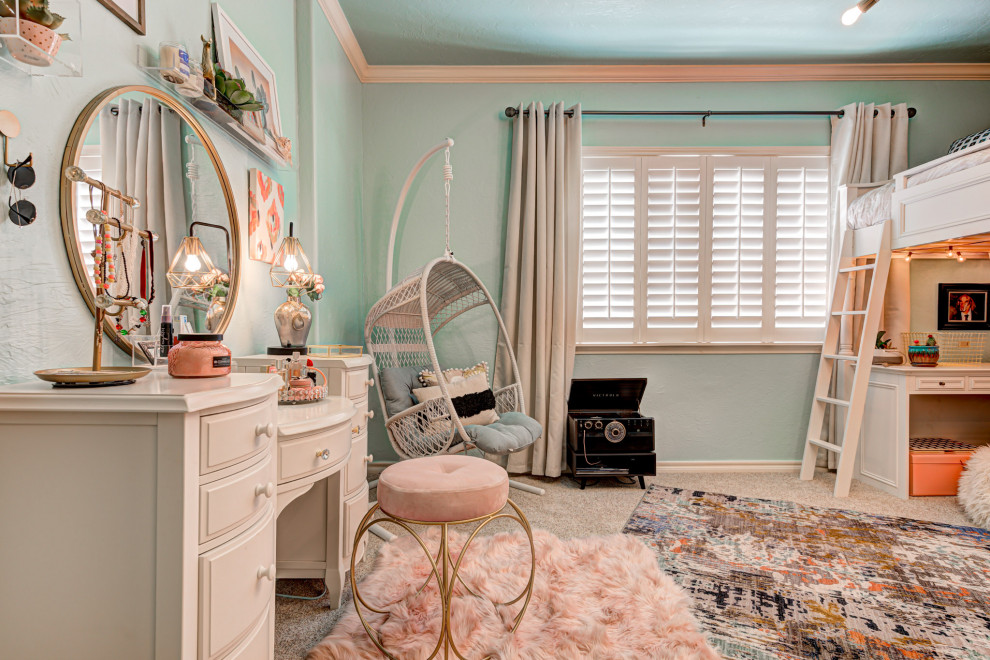 Inspiration for a medium sized classic teen’s room for girls in Oklahoma City with blue walls.