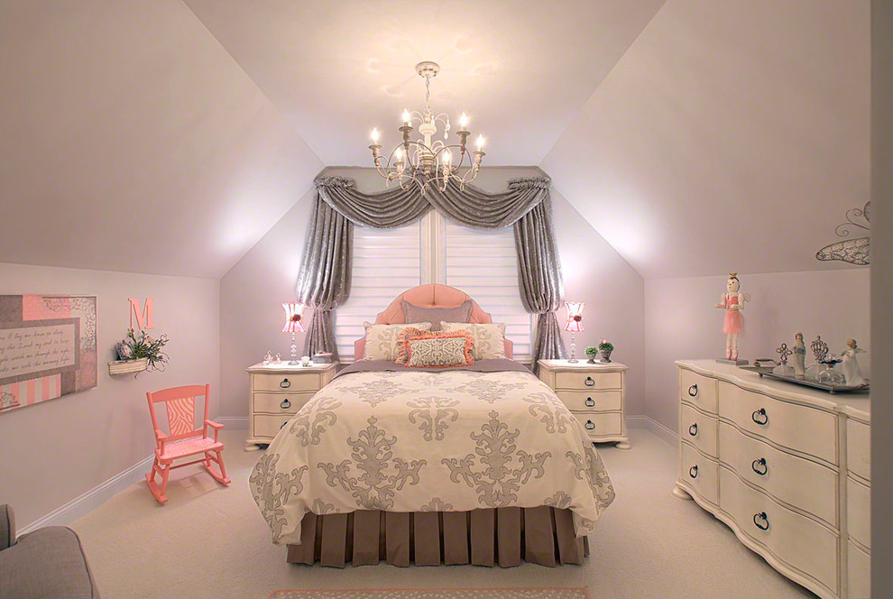 Imagen de dormitorio infantil de 4 a 10 años tradicional renovado grande con paredes grises y moqueta