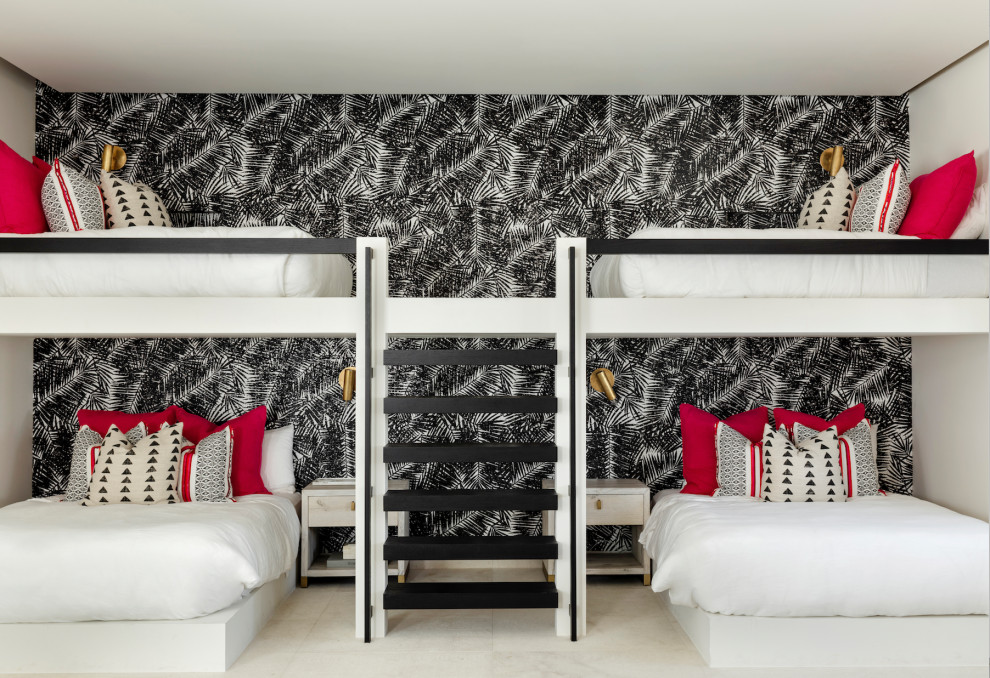 Modern inredning av ett könsneutralt tonårsrum kombinerat med sovrum, med vita väggar och vitt golv
