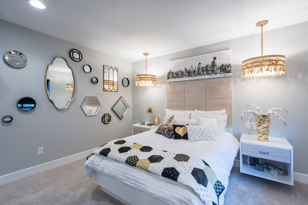 Kids' room - transitional girl carpeted and gray floor kids' room idea in Other with gray walls