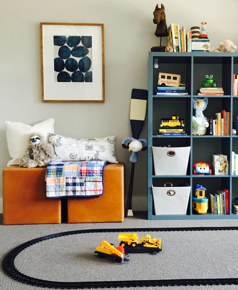 Kids' room - mid-sized modern carpeted kids' room idea in Austin with beige walls