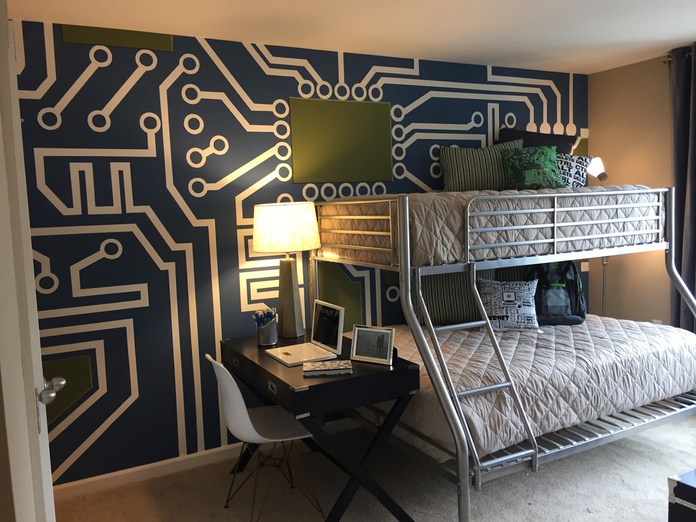 Modelo de dormitorio infantil urbano con paredes azules y moqueta