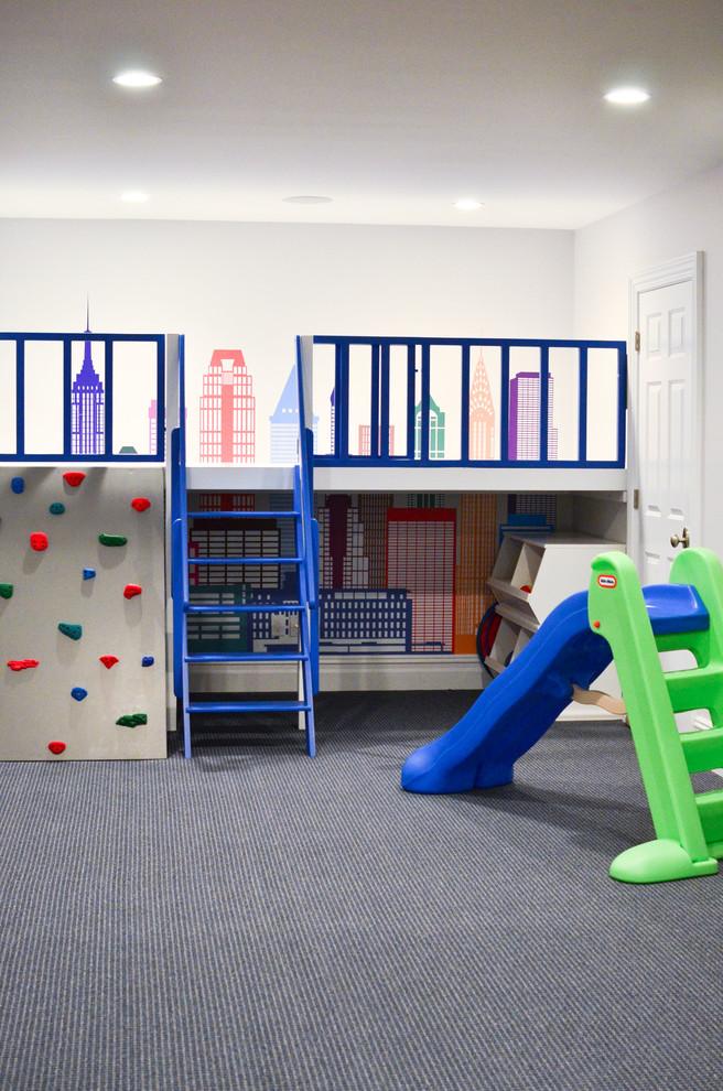 Idée de décoration pour une chambre d'enfant de 4 à 10 ans design de taille moyenne avec un mur blanc et moquette.