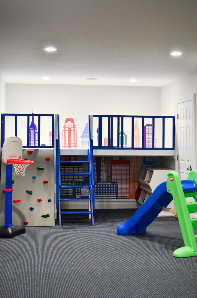 Cette photo montre une chambre d'enfant de 4 à 10 ans tendance de taille moyenne avec un mur blanc et moquette.