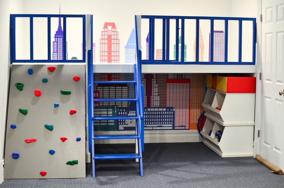 Neutrales, Mittelgroßes Modernes Kinderzimmer mit Spielecke, weißer Wandfarbe und Teppichboden in New York