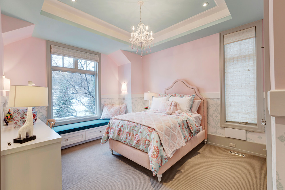 This is an example of a classic kids' bedroom for girls in Calgary with pink walls, carpet and a dado rail.