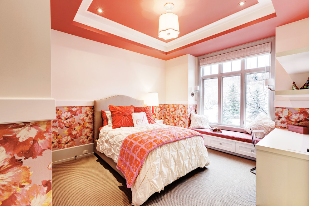 Design ideas for a traditional kids' bedroom for girls in Calgary with white walls and carpet.