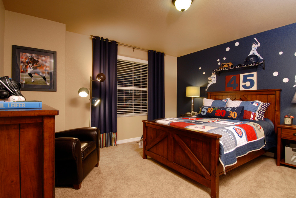 Inspiration for a classic kids' bedroom in Denver with beige floors, carpet and multi-coloured walls.