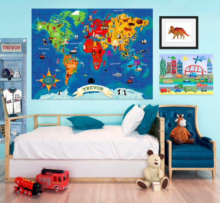 Example of an eclectic boy laminate floor and beige floor kids' room design in San Diego with blue walls