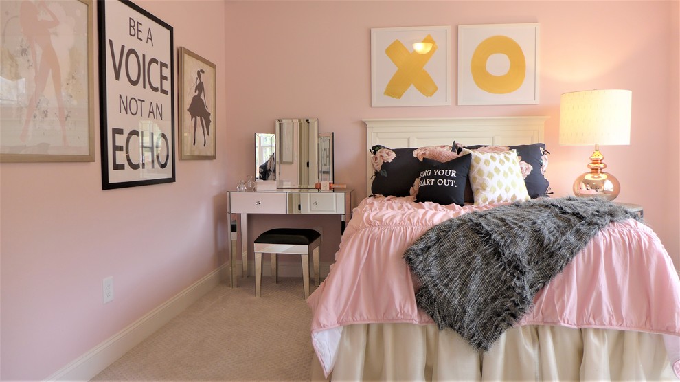 Kids' room - mid-sized traditional girl carpeted and white floor kids' room idea in Other with pink walls
