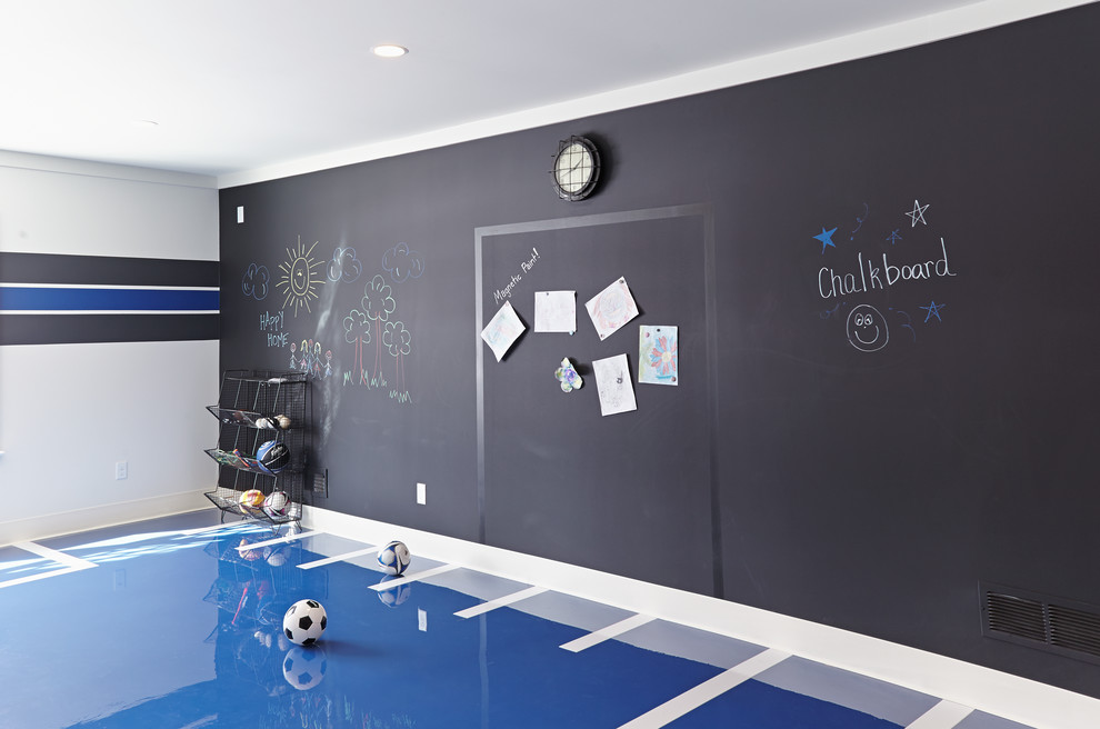 Esempio di una cameretta per bambini stile marino con pavimento blu e pareti multicolore