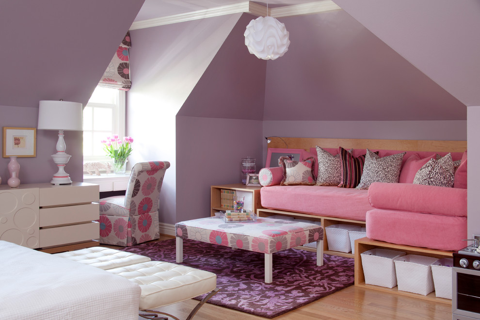 Large elegant girl light wood floor kids' room photo in Little Rock with purple walls