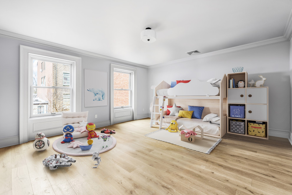 Réalisation d'une grande chambre d'enfant tradition avec un mur gris, parquet clair et un sol beige.