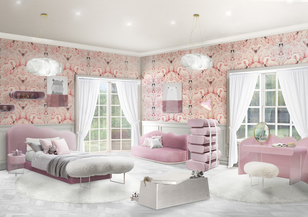 Inspiration for a mid-sized modern gender-neutral white floor kids' bedroom remodel in Other with pink walls