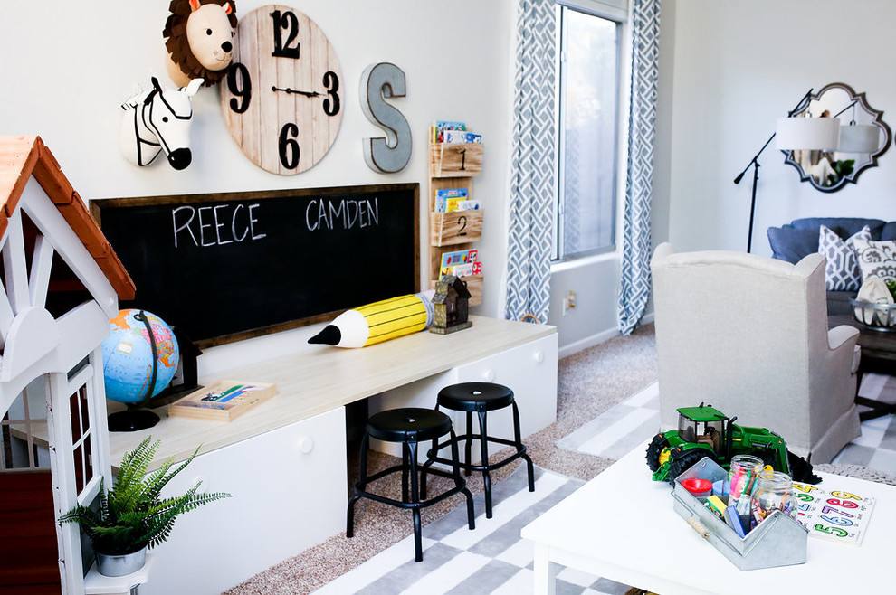 Example of a large beach style gender-neutral carpeted and gray floor kids' room design in Phoenix with gray walls