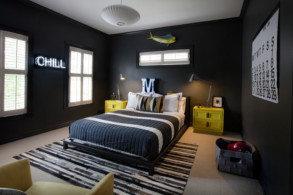 Inspiration for a contemporary kids' bedroom in Houston with black walls.