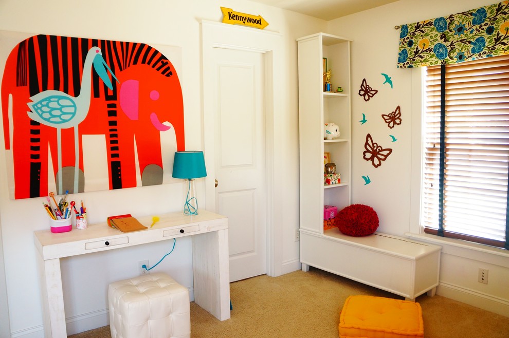 Kids' room - modern carpeted kids' room idea in Charleston with white walls