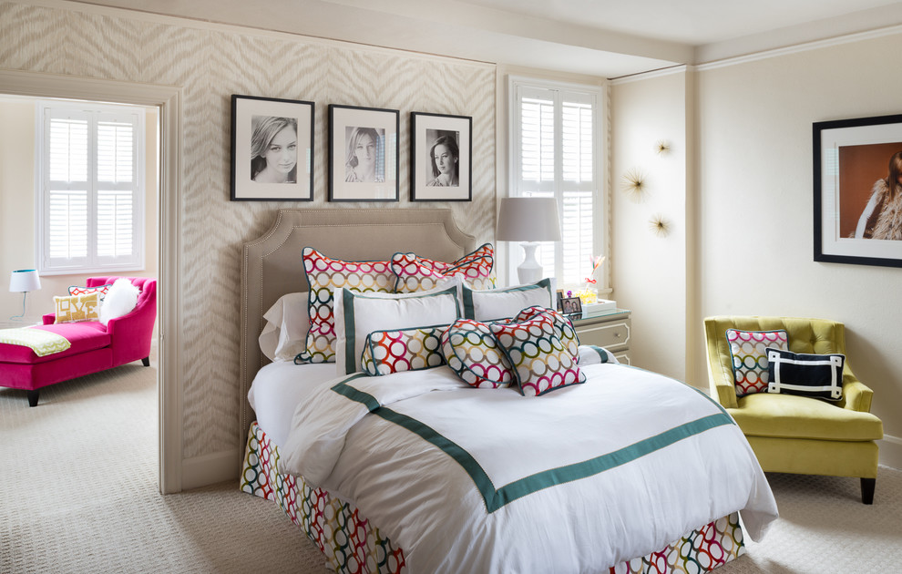 Traditional teen’s room for girls in Austin with carpet and beige walls.