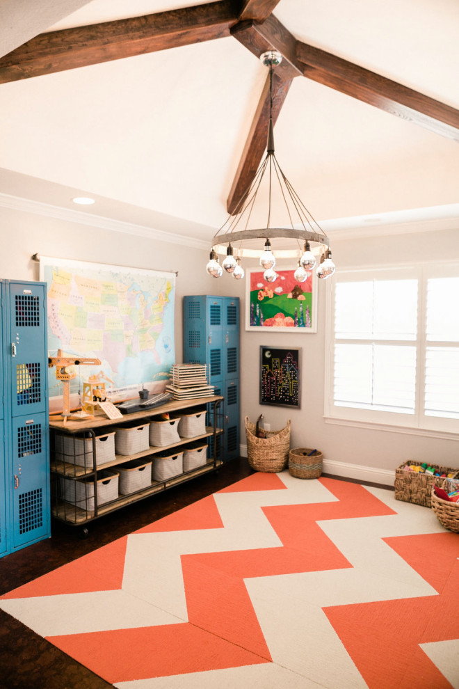 Inspiration for a mid-sized cottage gender-neutral dark wood floor and brown floor kids' room remodel in Dallas with gray walls