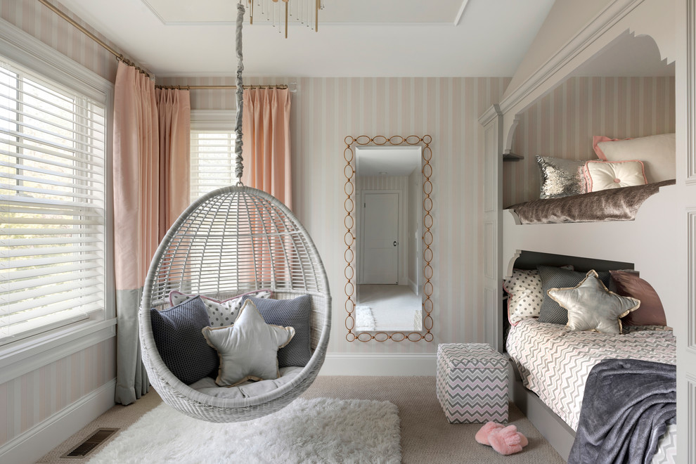 Example of a transitional girl carpeted and gray floor kids' room design in Minneapolis with pink walls