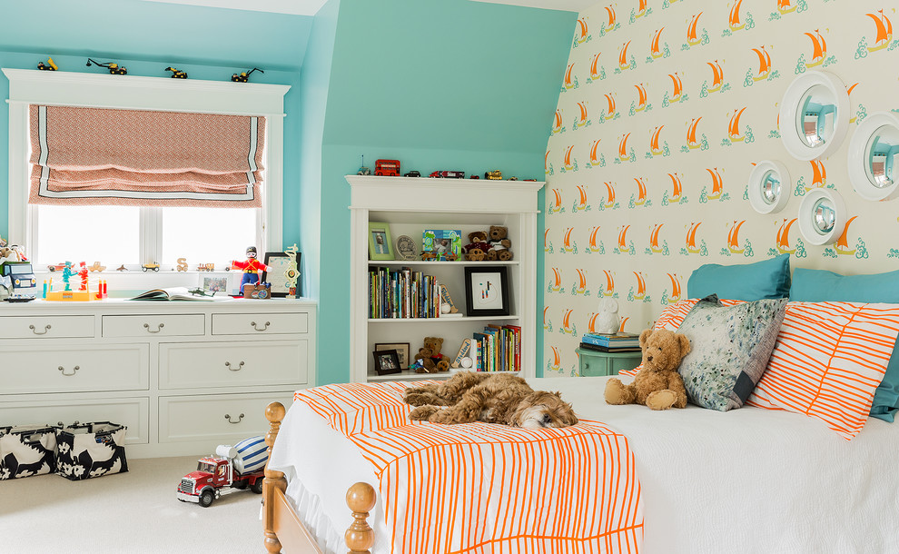 Foto de dormitorio infantil de 4 a 10 años tradicional renovado con paredes azules y suelo blanco