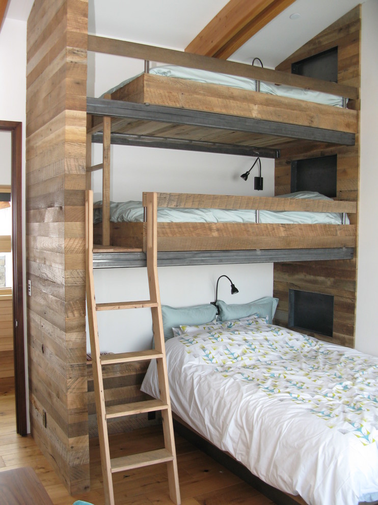 Rustic gender neutral kids' bedroom in Other with white walls and light hardwood flooring.