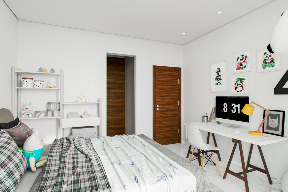 Kleines Modernes Jungszimmer mit Schlafplatz, weißer Wandfarbe, Porzellan-Bodenfliesen und weißem Boden in Sonstige