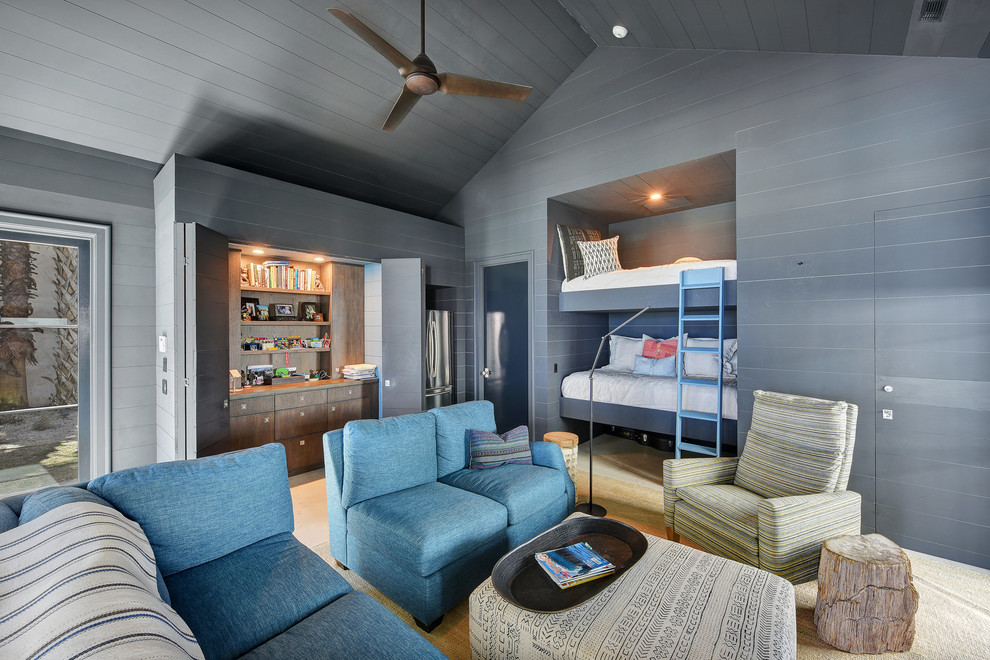 Idéer för ett modernt könsneutralt barnrum kombinerat med sovrum och för 4-10-åringar, med blå väggar